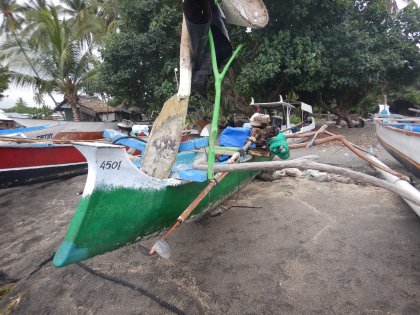 Visboot op het strand van Medana